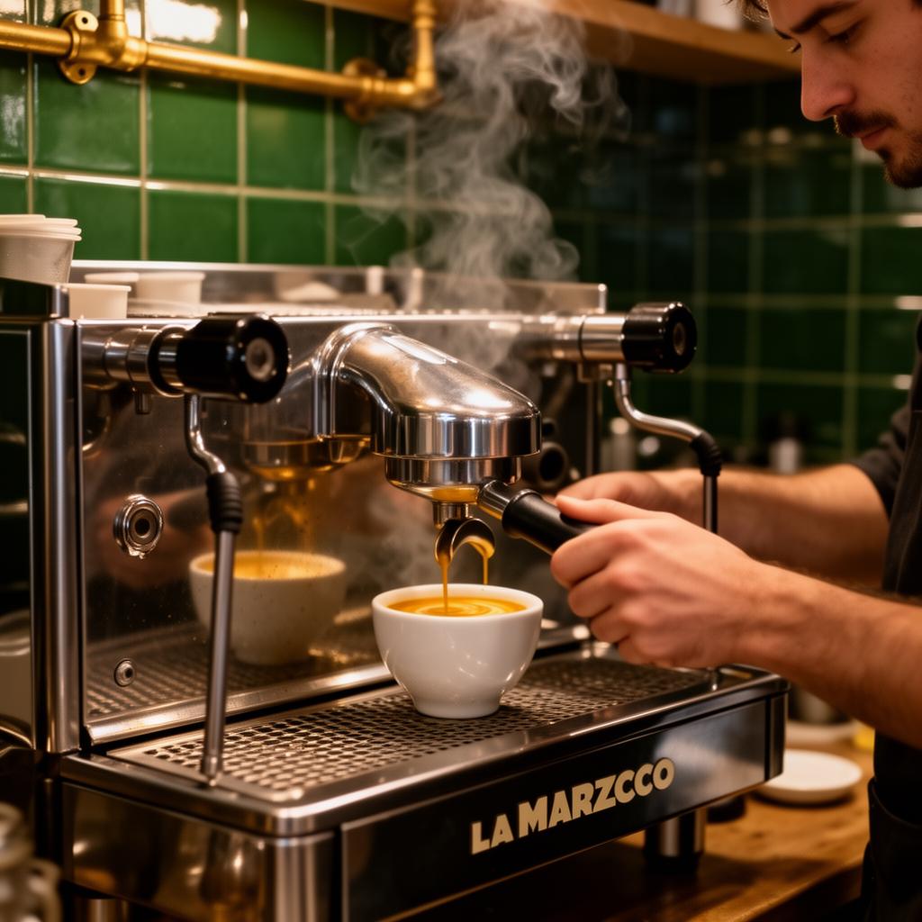A barista pulling a fresh espresso shot on the La Marzocco